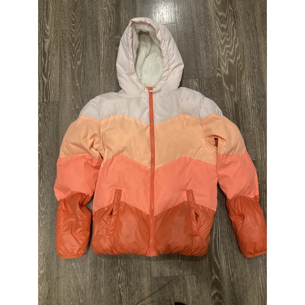 Cat & Jack Kids Puffer Jacket Sherpa Hood L‎ (10/12) Pink Orange Colorblock